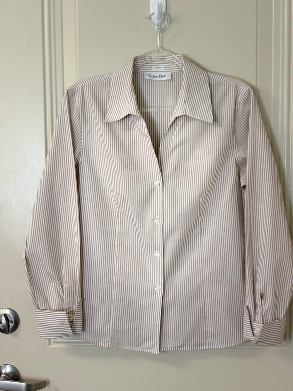 Calvin Klein Women's Tan and White Striped Dress Shirt French Cuffs SZ S/M EUC